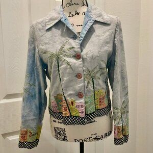 Y2K ANAGE FUNKY JACKET MIAMI BEACH PATCHED ART EMBROIDERED CITY SZ XS GYPSY CORE